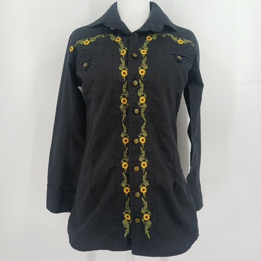 Vintage Womens Black Western Embroidered Long Sleeve Button Front Shirt size M